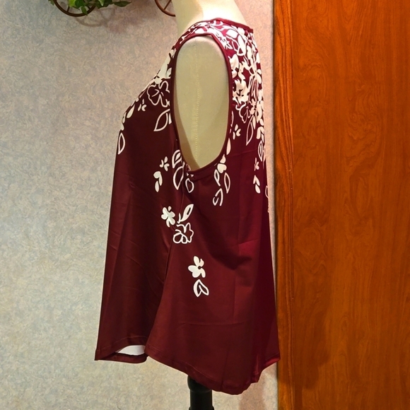 Floral Print Tunic White on Burgundy V Neck Sleeveless Stretch Women 3XL (US 18) - Picture 2 of 9